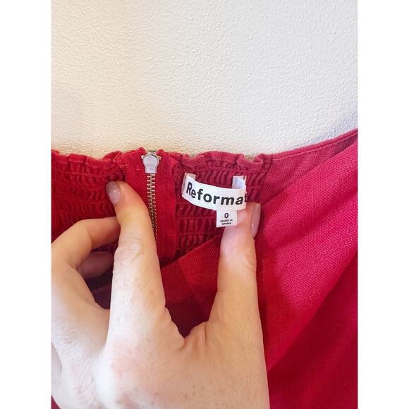 Reformation 100% Linen Red Zipper Smock Puffy Sleeve Sweetheart Neck Dress Sz 0 - Picture 8 of 12
